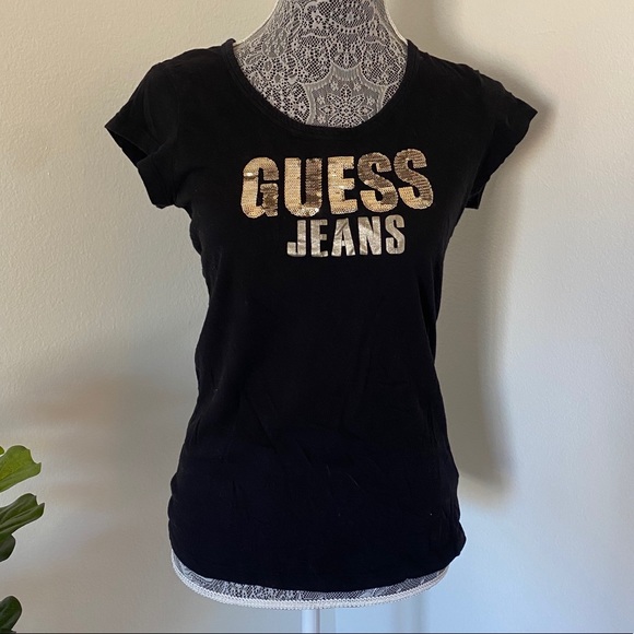 5/$25 Black Guess Jeans Sequin Logo Top - Picture 2 of 7